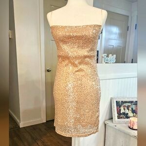 NWT'S - DEE ELLY - Gold Sequin Sheath Dress, Skinny Straps - Size XS